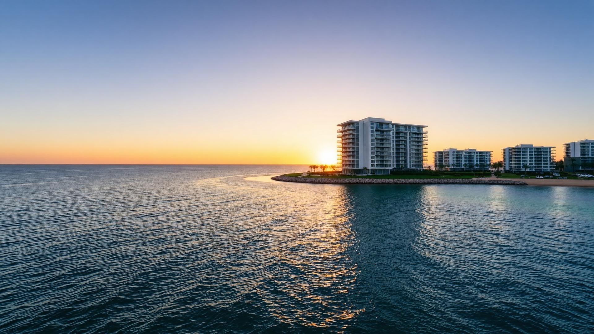 Costa de Punta del Este al atardecer con edificios frente al mar